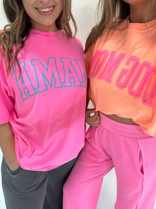 Neon Mama Tee- Pink w/ blue letter Combo
