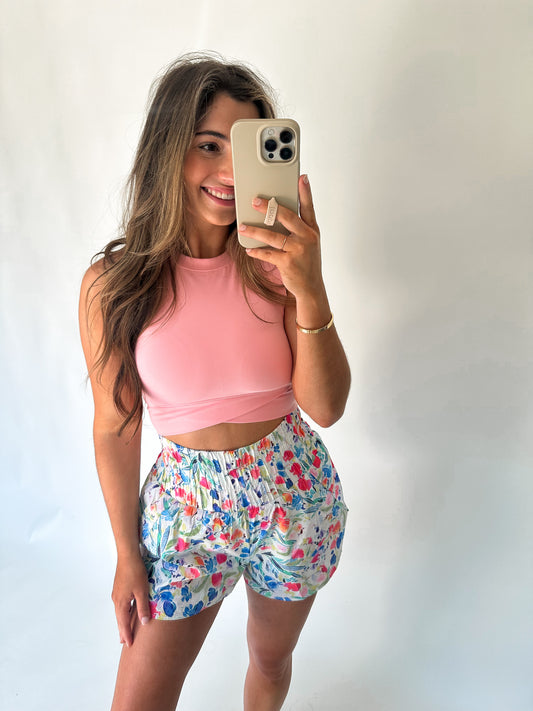 Floral Print High Waisted Active Shorts- Restock!