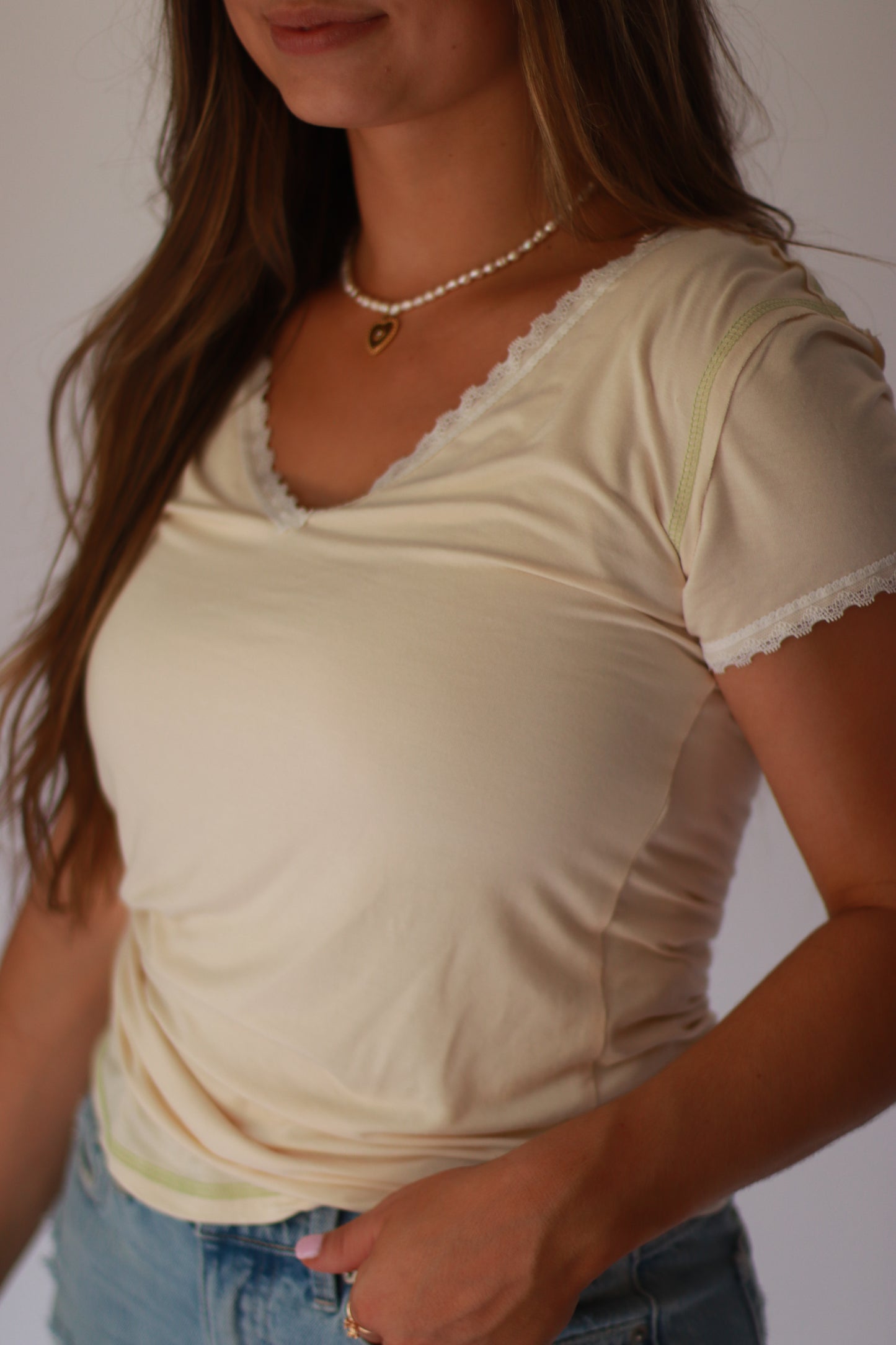 Buttery Soft Vneck Lace Trim Tee- Vanilla