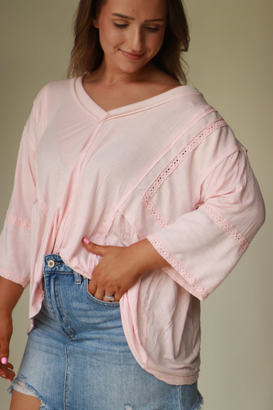 Lace Trim Relaxed Fit Top - Pink