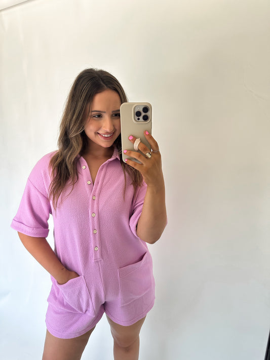 Textured Button Down Romper- Candy Pink
